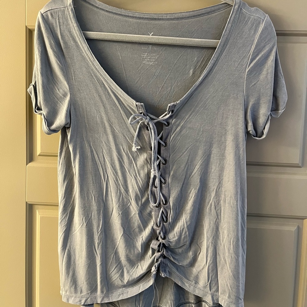 Blue short sleeve, ties up the front, small, worn once
